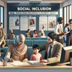 Agencia de Inclusión Social, oficina con personas diversas.
