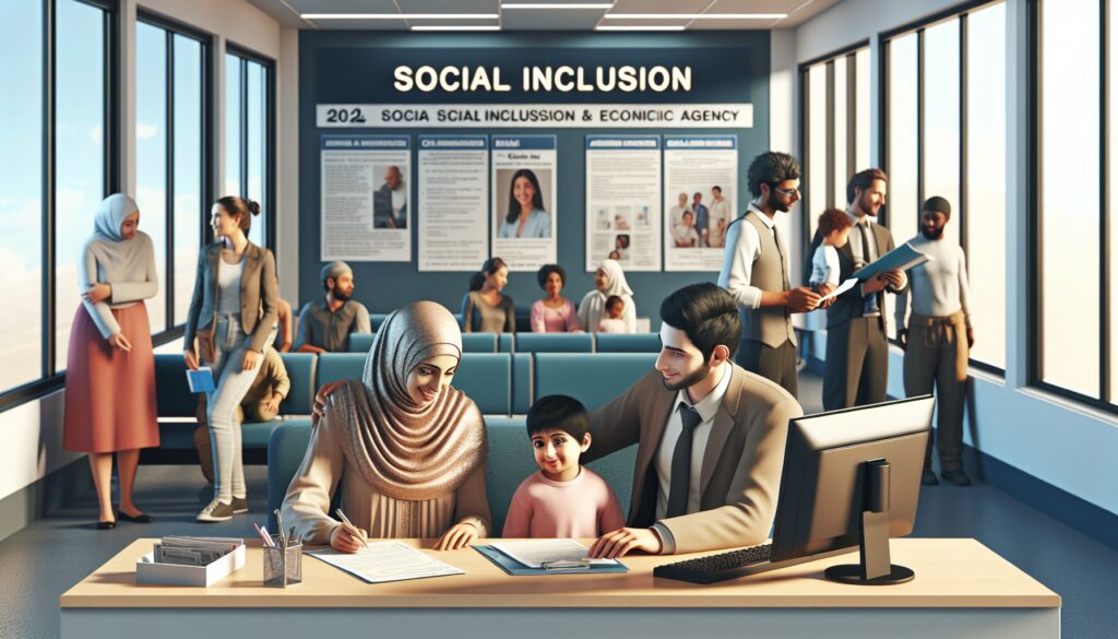 Agencia de Inclusión Social, oficina con personas diversas.
