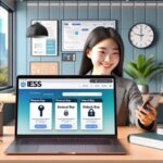 Mujer con portátil y móvil en oficina moderna.