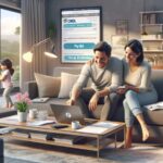 Familia usando laptop en una sala luminosa.