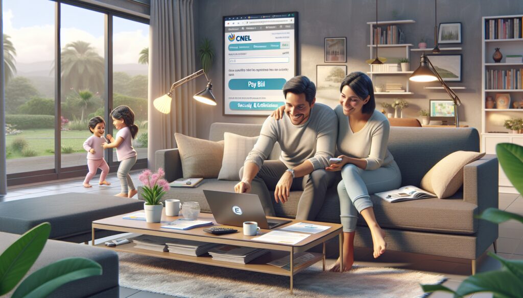 Familia usando laptop en una sala luminosa.