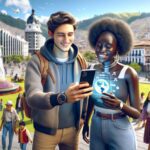 Turistas usando un dispositivo móvil en una plaza concurrida.