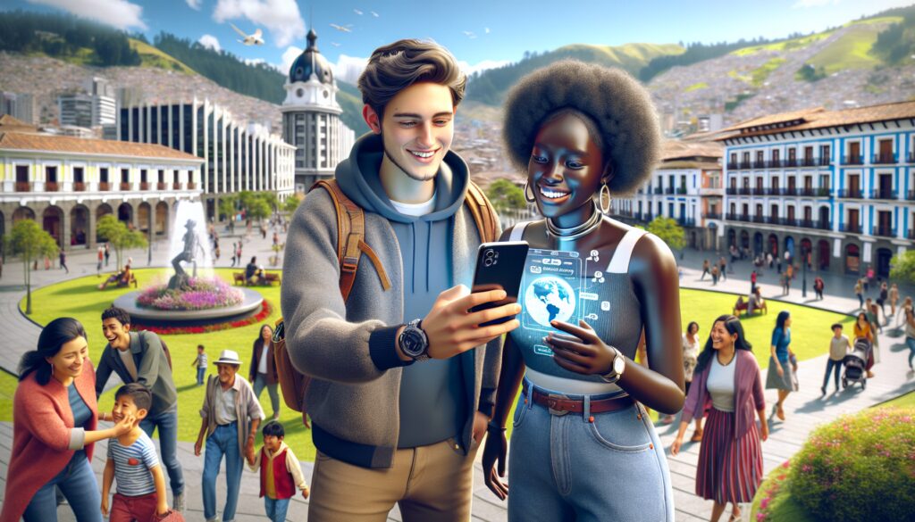 Turistas usando un dispositivo móvil en una plaza concurrida.