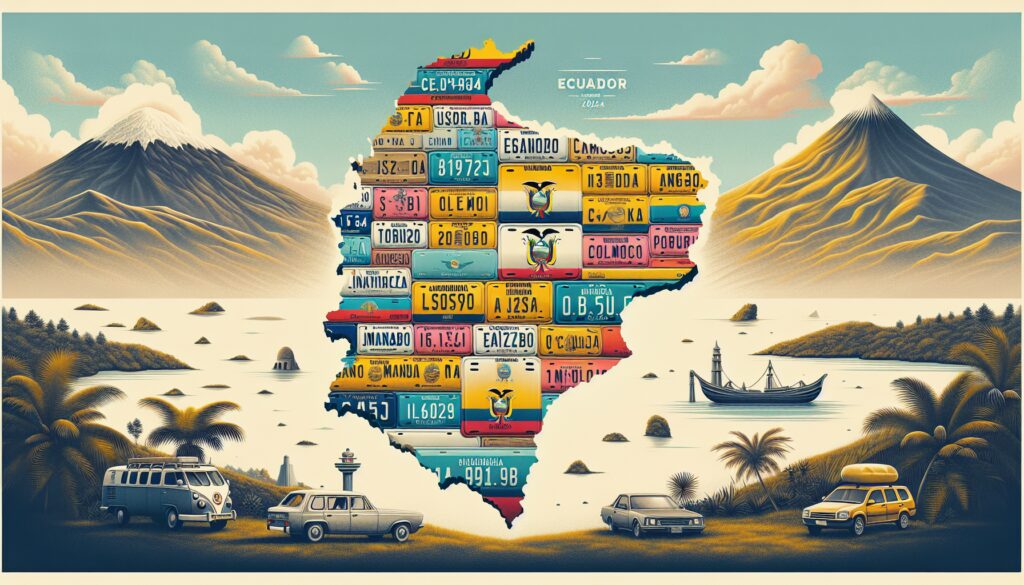 Mapa de Ecuador con placas de matrícula coloridas.