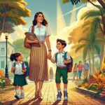 Mujer con dos niños caminando por parque escolar.