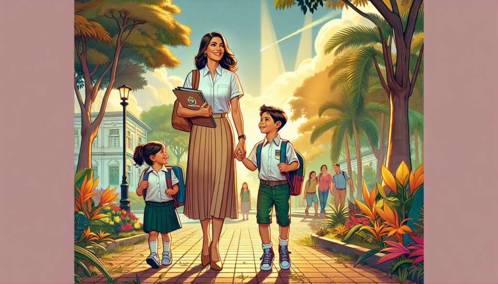Mujer con dos niños caminando por parque escolar.