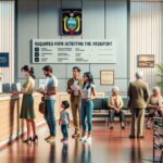 Oficina de expedición de pasaportes con personas esperando.