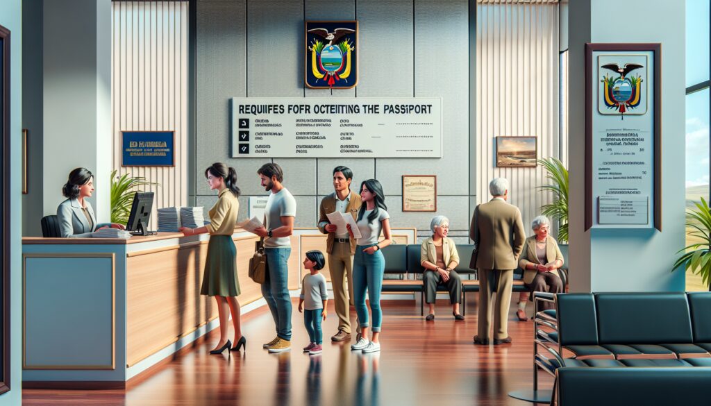 Oficina de expedición de pasaportes con personas esperando.