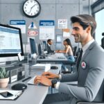 Empleados trabajando en oficina moderna y organizada.