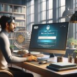 Hombre trabajando en ordenador, pantalla de inicio de sesión.