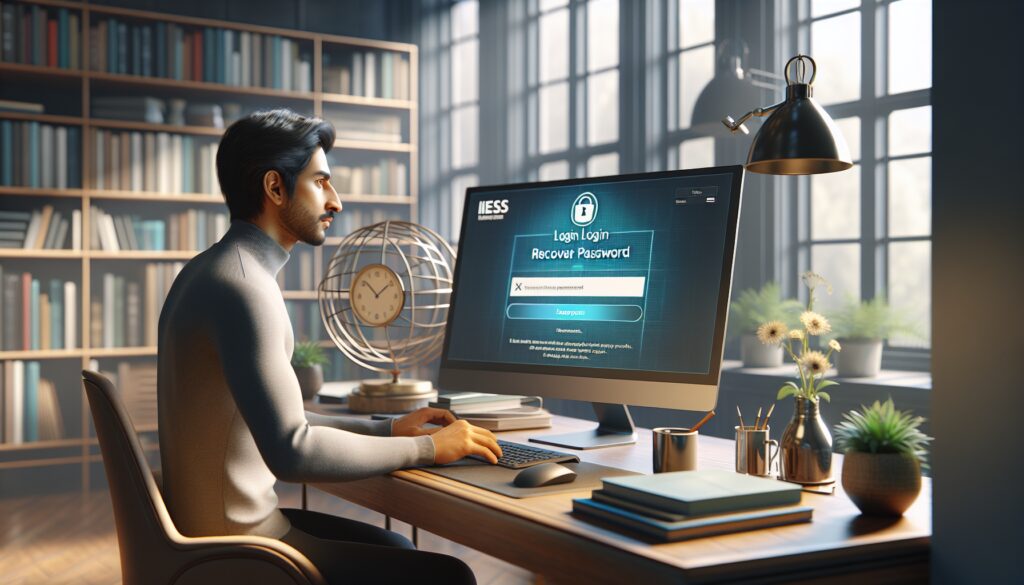 Hombre trabajando en ordenador, pantalla de inicio de sesión.
