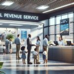 Oficina de Impuestos con personas en fila.