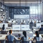 Oficina moderna con empleados trabajando en computadoras.