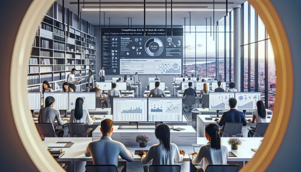 Oficina moderna con empleados trabajando en computadoras.