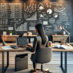 Analista trabajando en oficina con gráficos en pizarras.