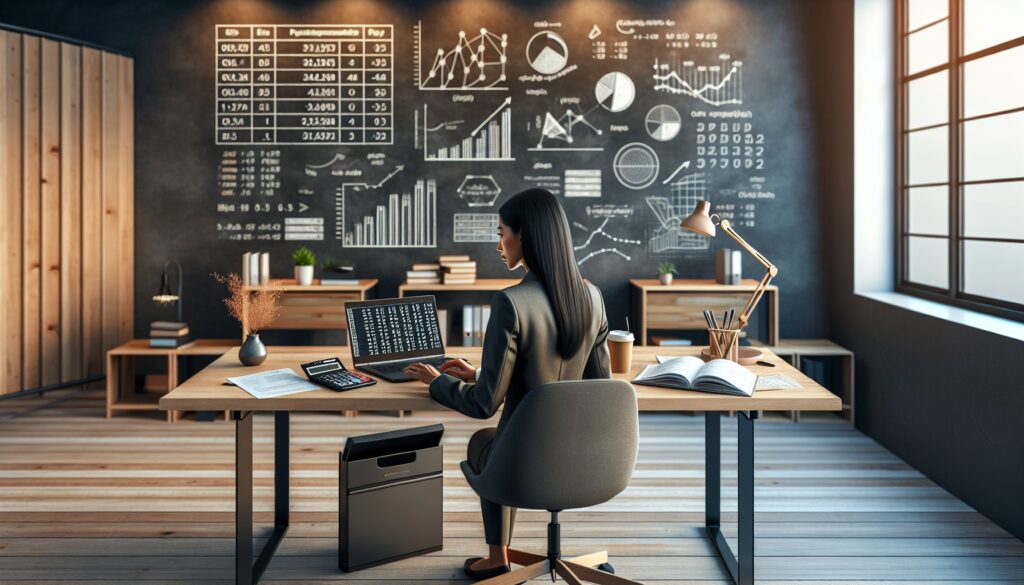 Analista trabajando en oficina con gráficos en pizarras.