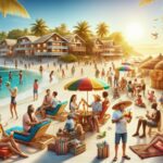 Playa llena de gente disfrutando de variadas actividades veraniegas.