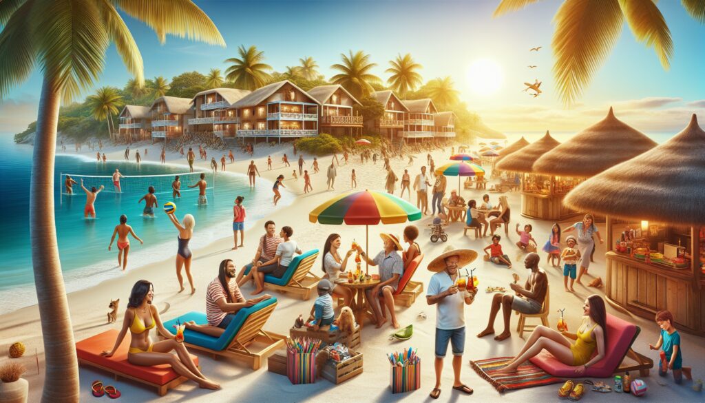 Playa llena de gente disfrutando de variadas actividades veraniegas.