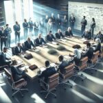 Reunión de empresa con directivos en sala de conferencias.