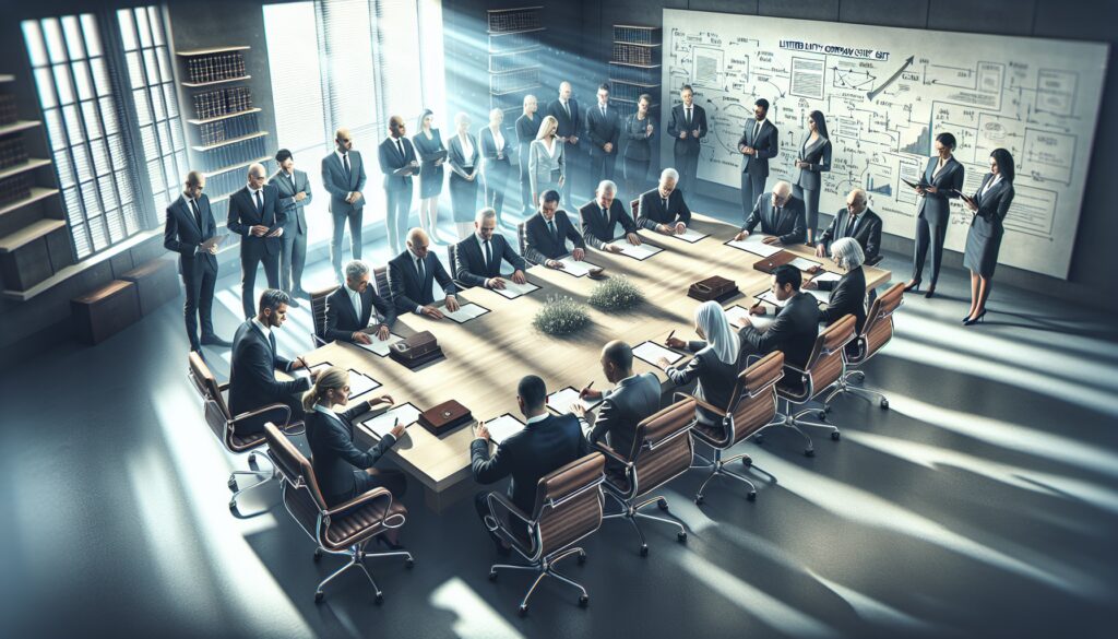 Reunión de empresa con directivos en sala de conferencias.