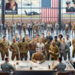 Reclutamiento militar con soldados en base aérea.