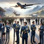 Desfile militar en aeropuerto con aviones y oficinistas.