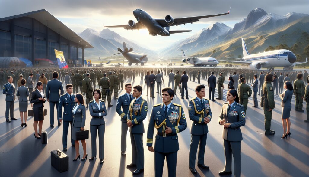 Desfile militar en aeropuerto con aviones y oficinistas.