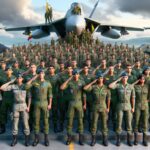 Soldados formados frente a aviones de combate.