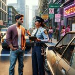 Policía hablando con hombre en la calle traffic office.