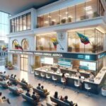 Interior moderno de una agencia gubernamental con personas esperando.