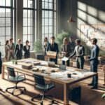 Reunión de trabajo en oficina con muchas personas.