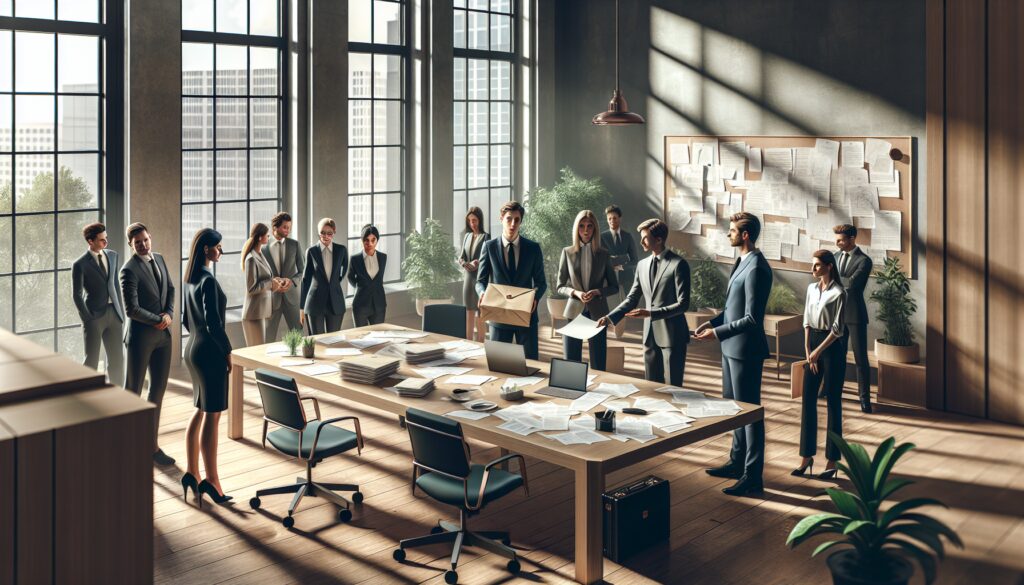 Reunión de trabajo en oficina con muchas personas.