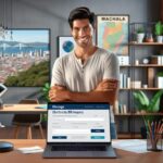 Hombre en oficina con factura de electricidad en portátil.