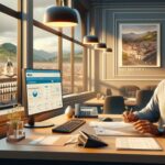 Hombre trabajando en oficina con vista a la ciudad.