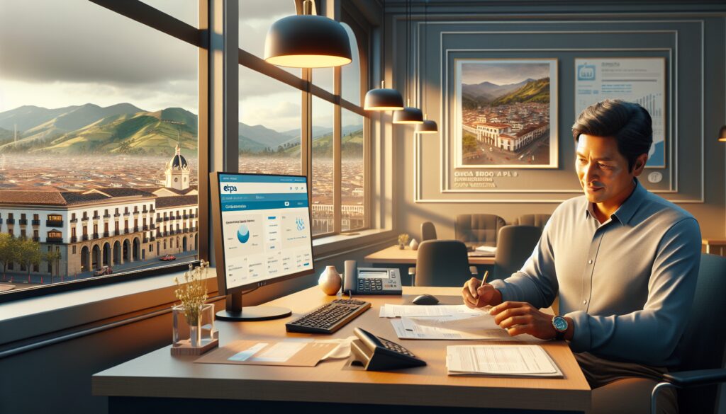 Hombre trabajando en oficina con vista a la ciudad.