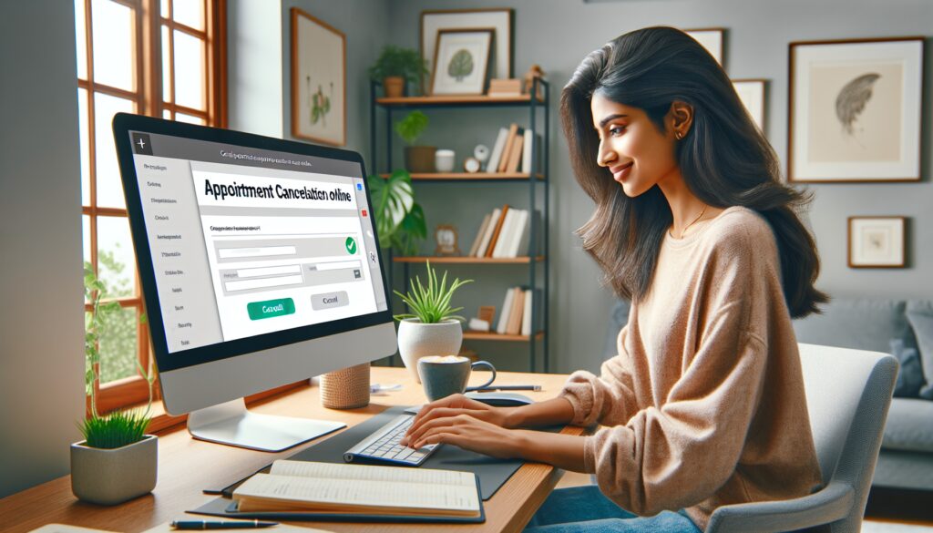 Mujer cancelando cita online en computadora.