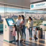 Familia usando quiosco público de información en edificio moderno.