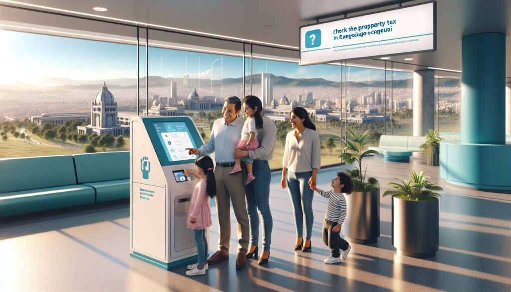 Familia usando quiosco público de información en edificio moderno.