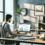 Oficina moderna con hombre trabajando en computadora.