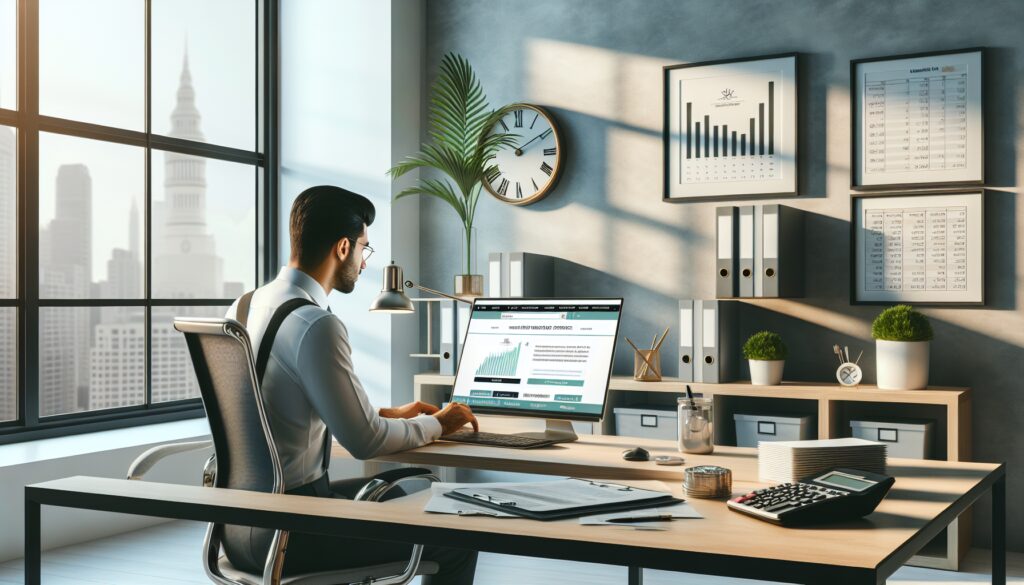 Oficina moderna con hombre trabajando en computadora.