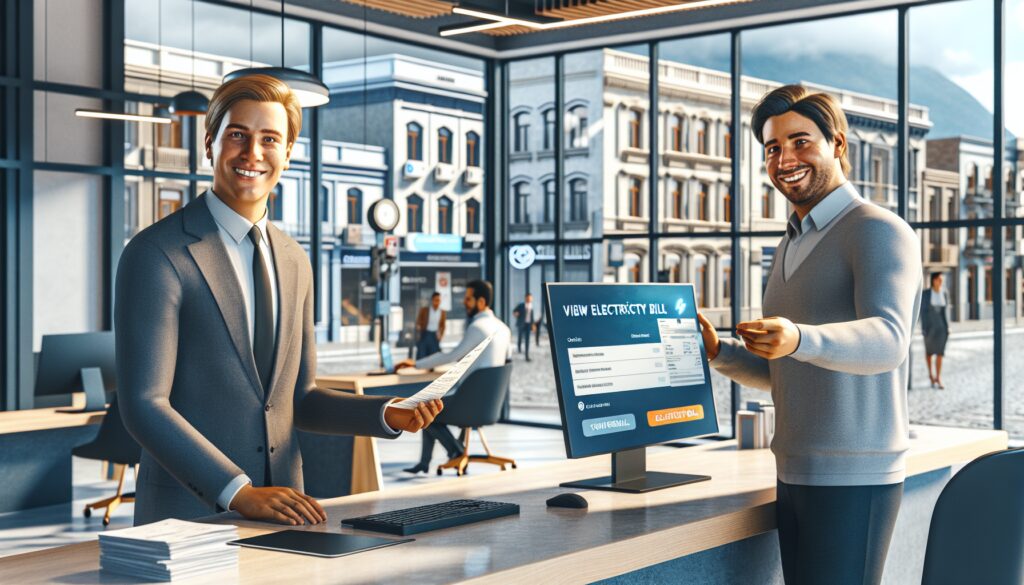 Hombres en oficina revisan factura de electricidad.