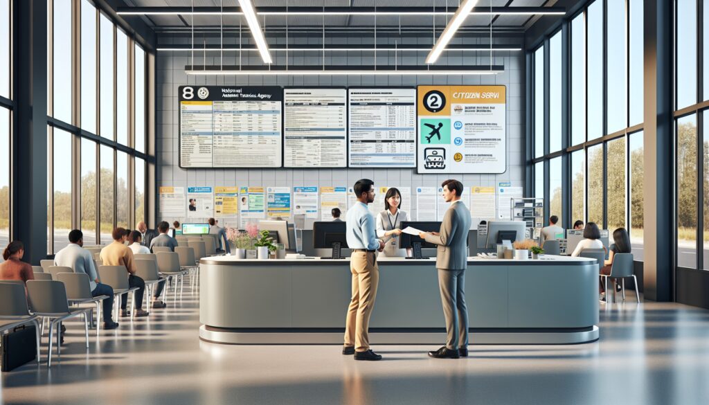 Centro de atención al ciudadano, interior moderno y luminoso.