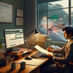 Hombre trabajando en oficina con monitor y carreteras al fondo.