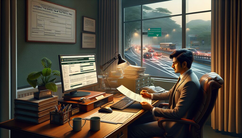 Hombre trabajando en oficina con monitor y carreteras al fondo.
