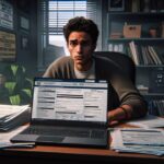 Persona trabajando en oficina llena de papeles y formularios.