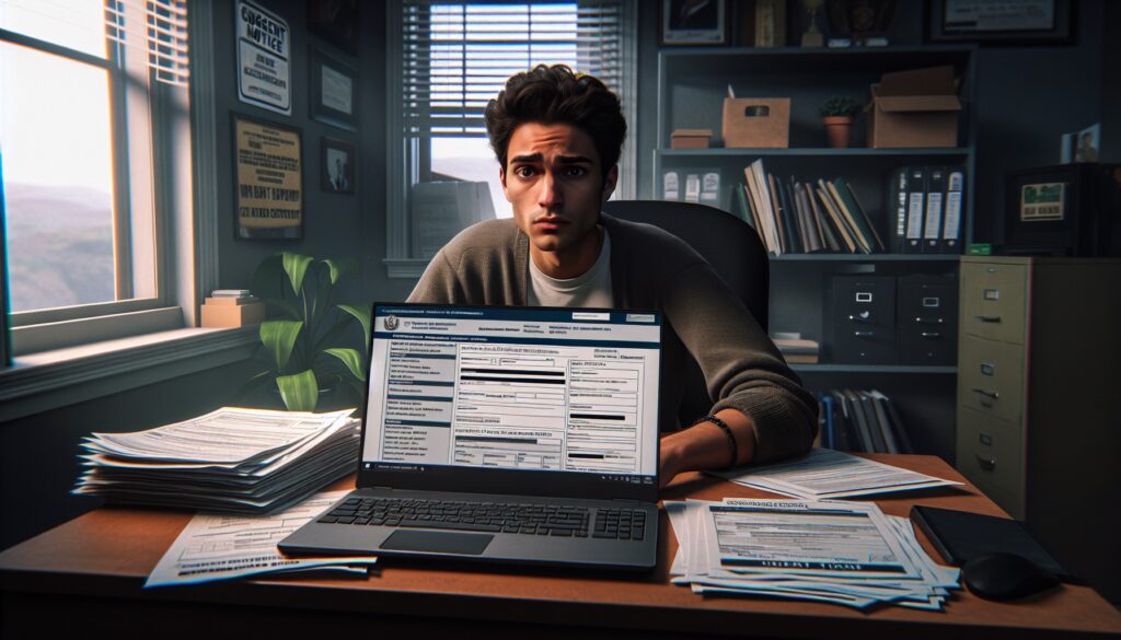 Persona trabajando en oficina llena de papeles y formularios.