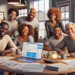 Familia sonriente reunida alrededor de una mesa con documentos.