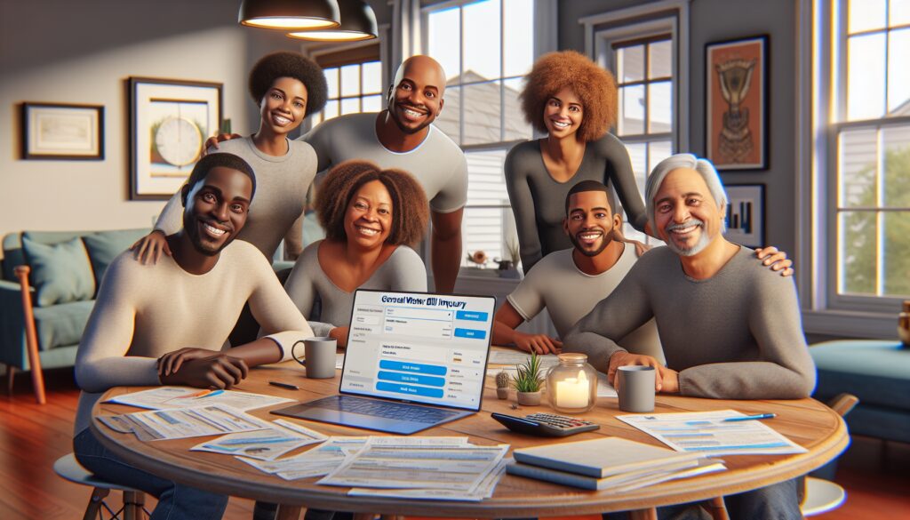 Familia sonriente reunida alrededor de una mesa con documentos.