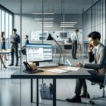 Oficina moderna con empleados trabajando y reunidos.