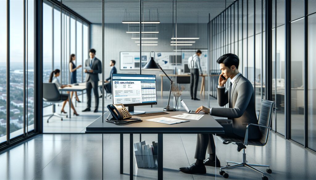 Oficina moderna con empleados trabajando y reunidos.